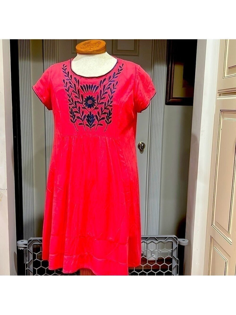 Alya dress in coral with teal floral embroidery like new